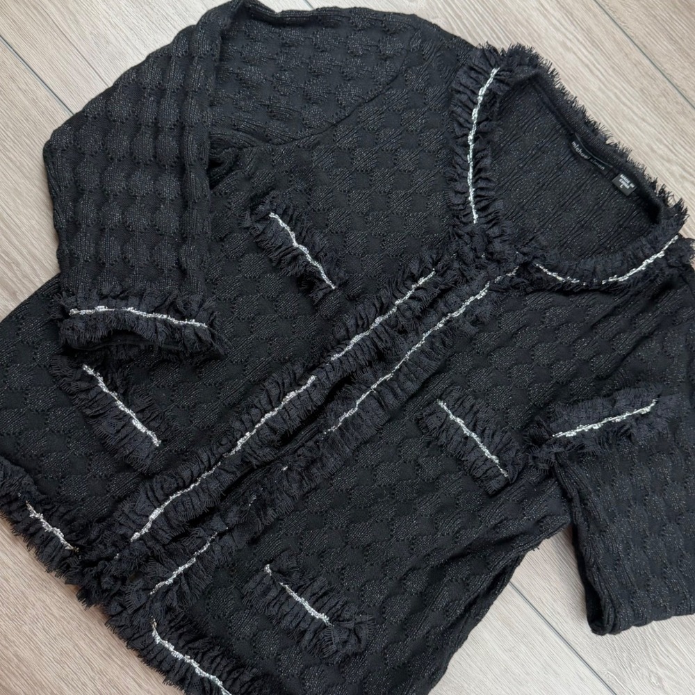 Michael Simon Womens Cardigan Jacket Fringed Metallic Knit Black Large